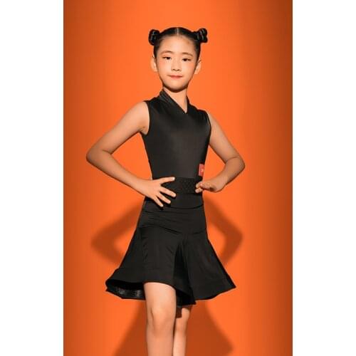 Latin Dance Practice Dress Kids Latin Competition Costumes Red/Yellow/Black Skirt Rumba Tango Samba Salsa Dance Clothing VO1209