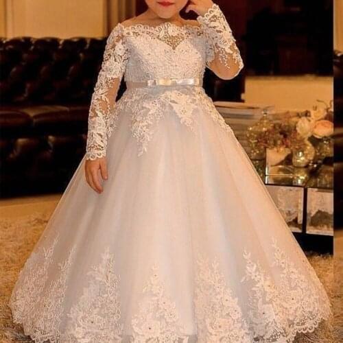 Flower girls dresses 2020 long sleeve bowknot puffy tulle lace appliques little girls party dresses