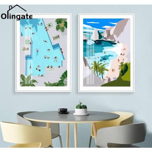 Cartoon Swimming Pool Canvas Painting Summer Seaside Vacation Wall Art Poster Prints Wall Picture for Living Room Home Decor