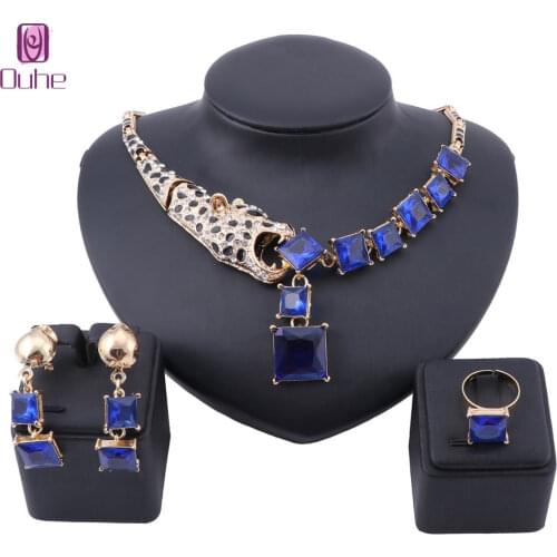 Luxury Gold Color Blue Crystal Leopard Statement Necklace Earring Ring For Women Party Wedding Jewelry Sets