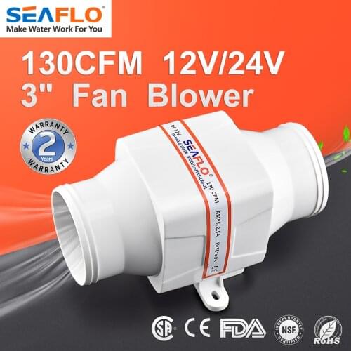 SEAFLO 3" 75mm 130CFM In-Line Bilge Blower Fan DC 12V 24V 4 blade Marine Boat RV Air Exhaust White SFIB1-130-01 SFIB2-130-01