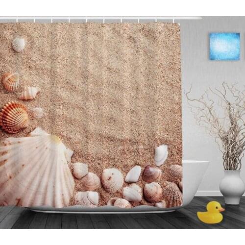 Beautiful Seaside Scenery Bathroom Shower Curtain Shell On Sand Decor Shower Curtains Waterproof Polyester Fabric With Hooks