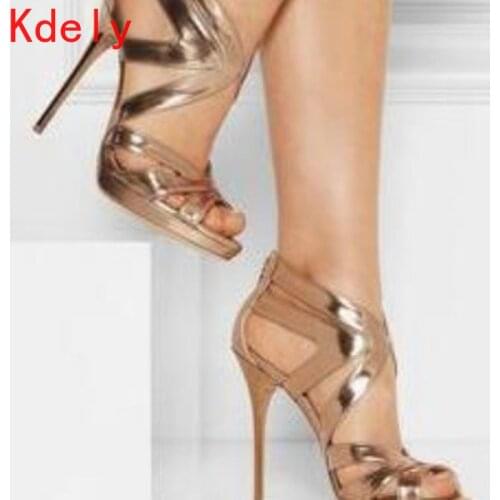 2021 Women High Heels Sandals Summer Golden Heels Crystal Heeled Platform Shoes Ladies Sexy Party Wedding Zipper Shoes