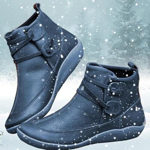 Womens Braided Strap Flat Heel Boots Waterproof Leather Boots Female Solid Round Toe Ankle Boots Zapatos Mujer Plus Size