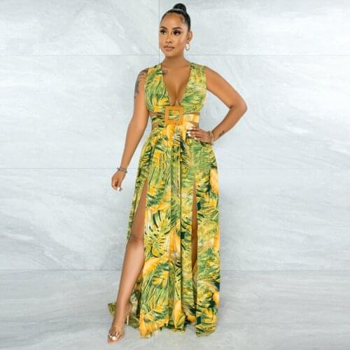 2021 Summer Womens Long Sleeve Dress Long Skirt Fashion Print Sexy V Neck Sling Irregular Elegant Temperament All Match