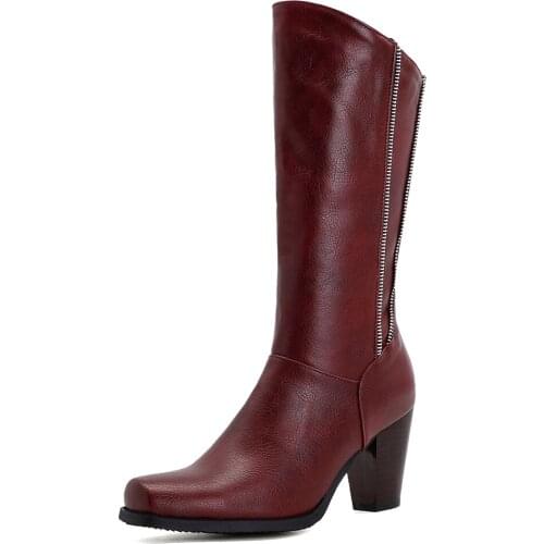 Oversized Burgundy Square Toe Double Zipper Wedge Heel Mid-Top Boots Ladies Street Beveled Side Knee Boots Pu Khaki Knight Boots
