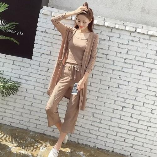 Three-piece Female Sling Pullover Top Long Pocket Sweater Cardigan Wide Leg Drawstring Cropped Pants Knitted Women Sets Spring