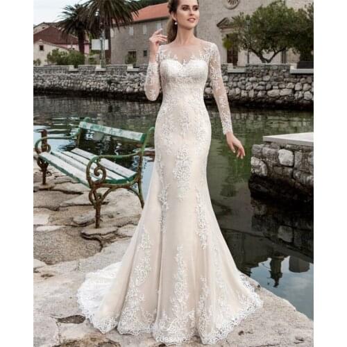 2021 Full Sleeve Sweetheart Sexy Mermaid Lace Simple Plain Wedding Dress Bride Gown Vestidos De Novia robe mariée