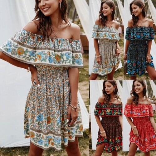 Summer Dress Women Sexy Clothes Party Bohemian Elegant Vintage Floral A-Line Sleeveless Off The Shoulder Empire Slash Neck Robe