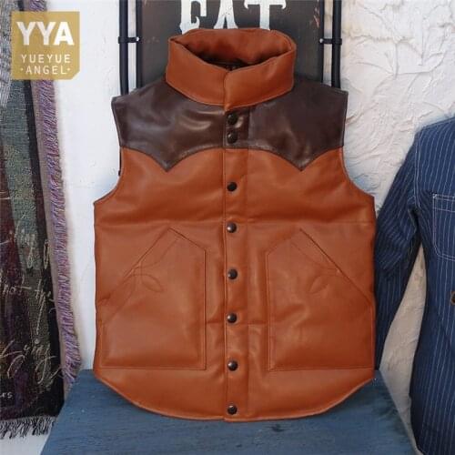 Vintage Mixed Colors Winter Genuine Leather Vest White Duck Down Jacket Men Safari Style Stand Collar Thick Sleeveless Waistcoat
