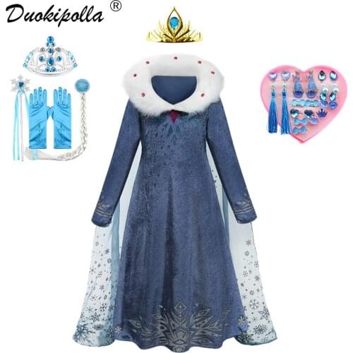 Snow Queen 2 Winter Girls Elsa Dress Up Halloween Child Princess Costume Birthday Party Velvet Fur Collar Dresses with Long Cape