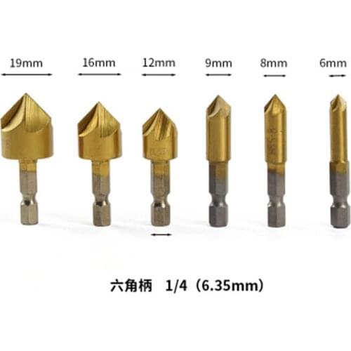 6pcs 90 degree 5 flute chamfer tianuim coating Countersink Drill Bit 1/4 Hex Shank Drill Press Countersink Boring Bit