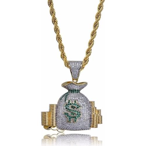 AAA+ Zircon Bling Ice Out US Dollar Wallet Purse Money Bag Pendant Necklaces Gold Color Copper Mens Hip Hop Rapper Jewelry