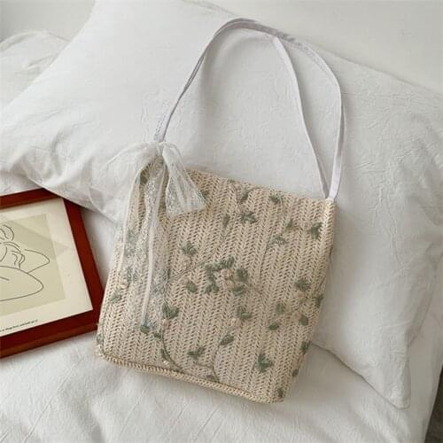 Big Fashion Shoulder Bag Womens Handbags Casual Totes Embroidered silk ribbon Vintage Designer Straw Beach Ladies Lace New Bags