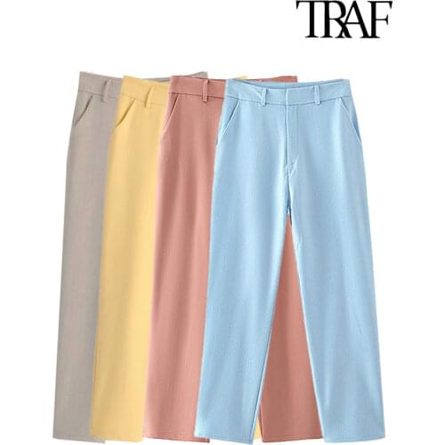TRAF Women Chic Fashion Side Pockets Office Wear Pants Vintage High Waist Zipper Fly Female Ankle Trousers Mujer