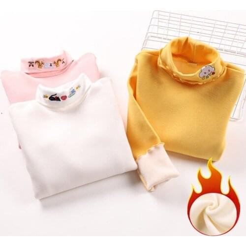 Childrens Wear Girls' Half High Collar Embroidered Plush Bottomed Shirt Little Girls Long Sleeve With Ear And Cotton Top