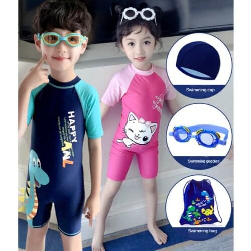 Kids Siamese Type Swimsuit Set Tour Bathing Suit Children Baby Quick-Dry Sun-resistant Diving Clothes Swimming Cap Glasses Set