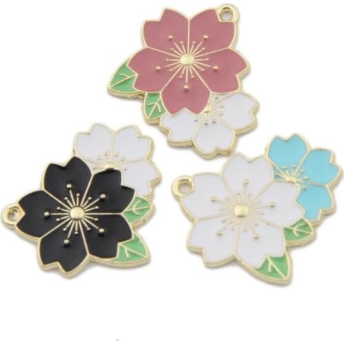 DIY Jwelry Finidings 60pcs 23*25mm Cherry Blossoms Enamel Alloy Jewelry Flower Charms Gold Tone Plated Dripping Oil Pendants