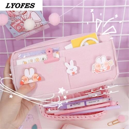 Kawaii Large Pencil Case Stationery Storage Bags Canvas Pencil Bag Cute Makeup Bag School Supplies for Girl Kids Gift w/ Badge