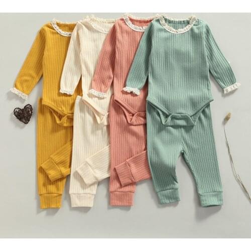 2021 0-24M Autumn Infant Baby Girl Clothing Lace O Neck Solid Color Long Sleeve Romper+Pants Casual Outfits Cotton 2pcs Set