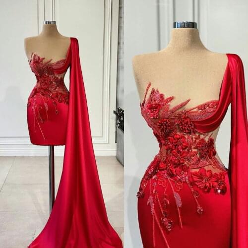 Red Mini Prom Dresses Sheer Neck Hand Made Flowers Beading Evening Gowns Short Party Club Wear vestidos
