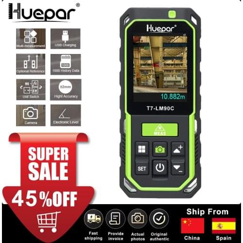 Huepar 90M Laser Distance Meter with Camera 2X/4X Zoom High Accuracy Rechargeable Laser Measure M/In/Ft with 17 Modes- LM90C