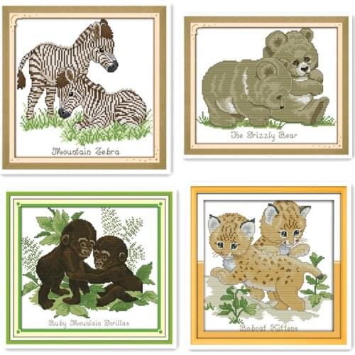 Animal Series Cross Stitch Kit, Gorilla Baby Little Grizzly Baby Zebra Bobcats Little Embroidery Needlework Hand Embroidery
