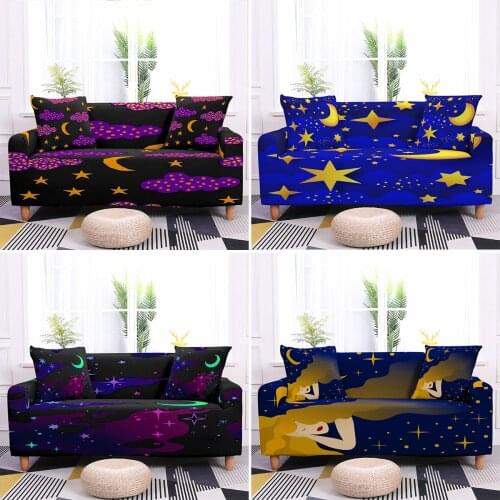 Moon And Star Pattern Elastic Sofa Cover Set Universal Couch Covers For Living Room Strech Armchair Protector 1/2/3/4 Seater
