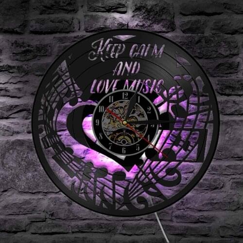 Keep Calm and Love Music Vinyl Record Wall Clock Music Notes Treble Bass Clef Stave Wall Light Music Studio Wall Art Decoration