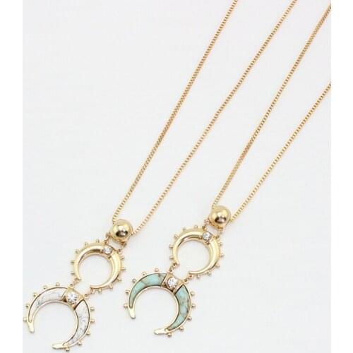 2016 New rivet double crescent horn pendant long necklace crystal White green stone necklaces women