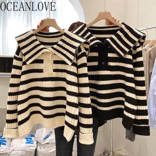 OCEANLOVE Pull Femme Sailor Collar Striped Korean Fashion Loose Autumn Winter Women Sweaters Vintage Loose Pullovers Fashion