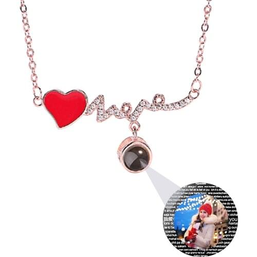 Customized Photo Name Red Heartbeat Necklace Personalized Crystal 100 Languages I Love You Projection Pendant Gift Women Jewelry