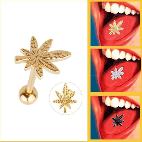 1pc Leaf Tongue Barbell Perforated Tongue Ring Stainless Steel Stud Perforation Language Ear Piercing Bar Body Jewelry 14G