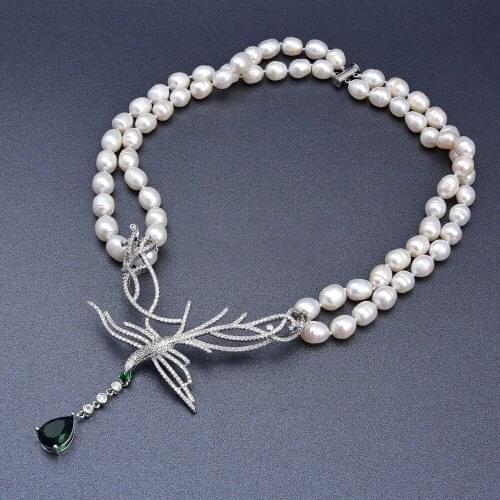 19''-20" 2 Strands Cultured White Rice Pearl Necklace CZ Pendant