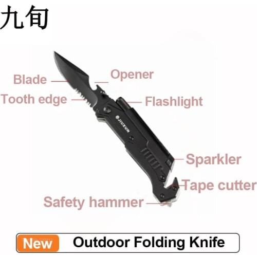 Jiuxun Outdoor Folding Knife 7 in 1 Multi-function Knife Flashing Opener Safety Hammer Outdoor Camping Tool Folding Knife