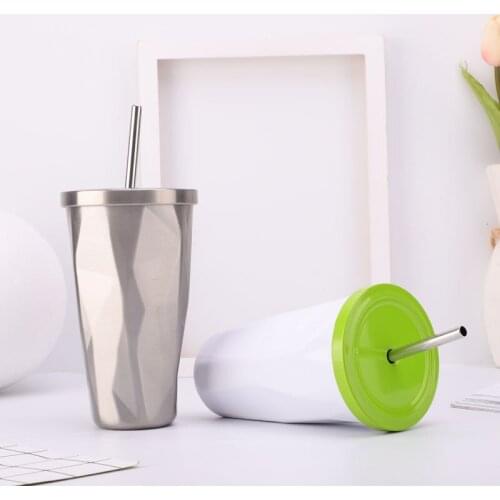 Gradient Color Straw Cup Stainless Steel Vacuum Insulated Thermos Tumbler Travel Car Mug Water Drinking Ice & Hot Drink