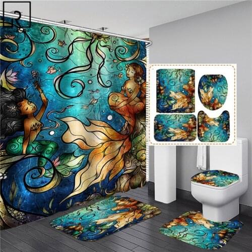 Sexy Mermaid Print Shower Curtain Waterproof Bathroom Curtain Set Anti-slip Bath Rug Mat Soft Carpet Toilet Lid Cover Home Decor