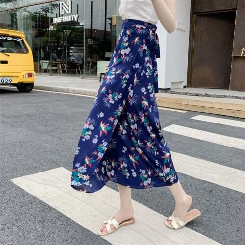 Womens Casual Skirts Chiffon Vintage High-Waist Plus Size One Piece Fragmentary Flower Wrap Skirt Ins Super hot Lace Up Apron