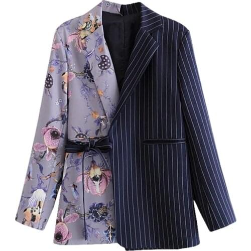 Vintage Stylish Striped Patchwork Office Lady Blazers Coat Women 2021 Notched Collar Long Sleeve Clothes Chic Suit Outerwear