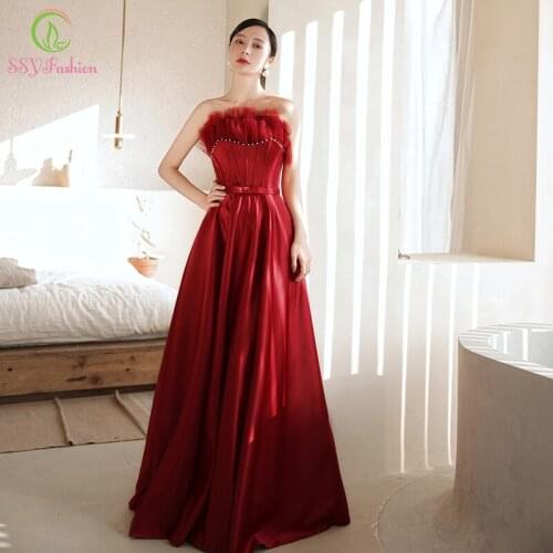 SSYFashion New Wine Red Satin Evening Dress Bride Married Banquet Elegant Boat Neck A-line Long Formal Gowns for Women Vestidos