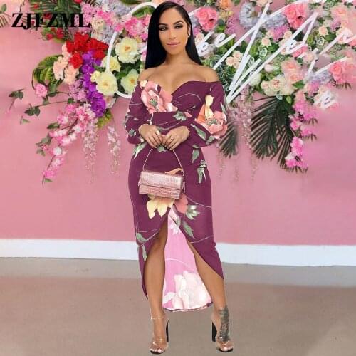Off The Shoulder Floral Print Party Dress Women Slash Neck Long Sleeve Clubwear Vestidos Elegant Front High Split Robe Femme