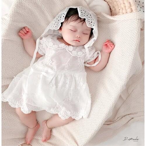 0-3Yrs Infant Clothes Baby Girls Overall White Romper With Cap 2pcs Set 2020 Summer Newborn Grils Cotton Lace Romper