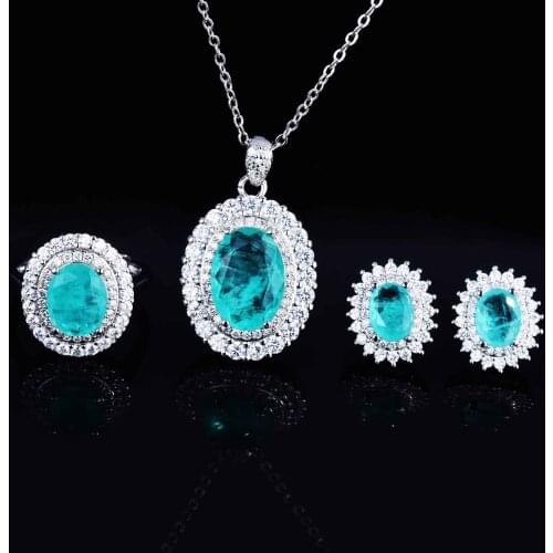 925 Silver Color Brazilian Lake Blue Paraiba Tourmaline Gemstone Pendant Necklace/Earrings/Rings Fine Jewelry Sets Wholesale