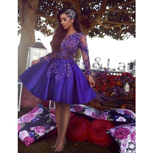 Arabic Royal Purple Short Cocktail Homecoming Dresses 2019 Vintage Long Sleeve A Line Scoop Neck Applique Beaded Dress Prom Gown