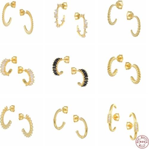 CANNER 100% 925 Sterling Silver Trendy C Shape Stud Earring For Women Bling Zircon Piercing Earings Jewelry pendientes plata 925