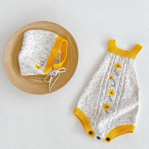 Spring Autumn Toddler Baby Girl Knitting Clothes 0-3Yrs Infant Baby Girls Sleeveless Romper Sunflower Embroidered Romper