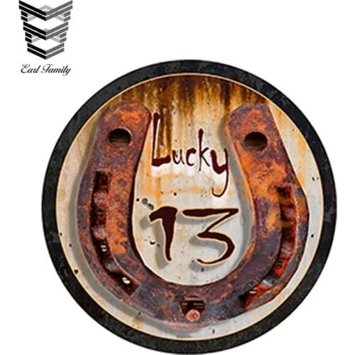 EARLFAMILY 12cm x 12cm Lucky 13 Rat Rod Gasser Horseshoe Decal Sticker Graphic Vinyl Decals Car Stickers Car Styling Accessories