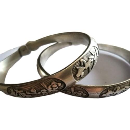 China manual Carved Childhood sweethearts Tibetan silver Bracelet A pair