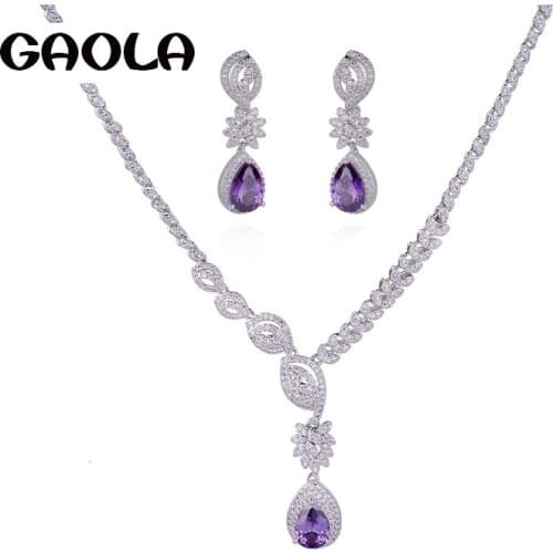 GAOLA New Design Purple Crystal Zirconia Pendant Necklace Earrings Jewelry Set Wedding Dress Accessaries GLN0329
