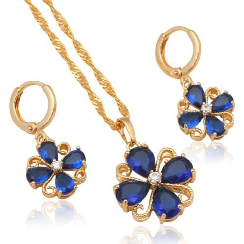 Blue Flower Style CZ Gold tone Fashion Jewelry sets Necklace Earrings Zircon AAA Zircon Austrian Party Items JS589A